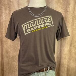 Y2K Funny Graphic Tee Manure Happens Farm Boy Novelty T-Shirt Brown Short Sleeve